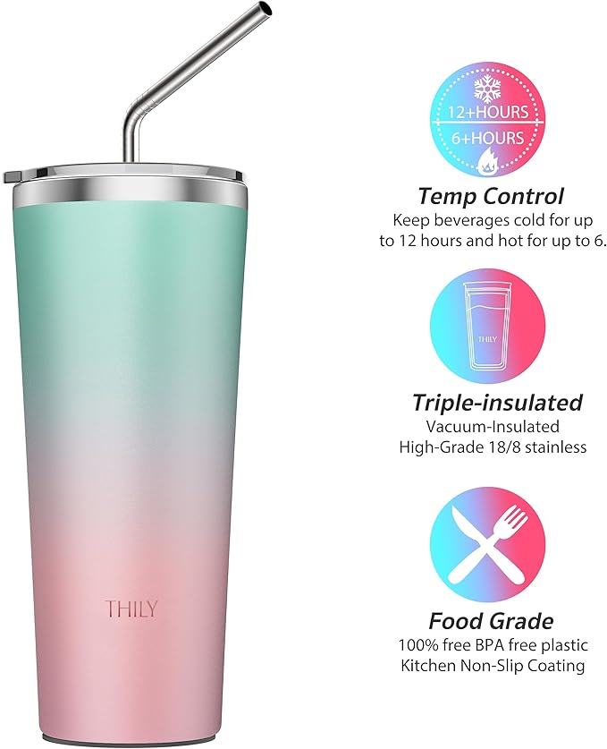 THILY Stainless Steel Vacuum Insulated Tumbler Travel Mug 26 oz Coffee Cup with 2 Lids and Straws, Splash Proof, Keep Ice Drinks Cold, Candy Pink