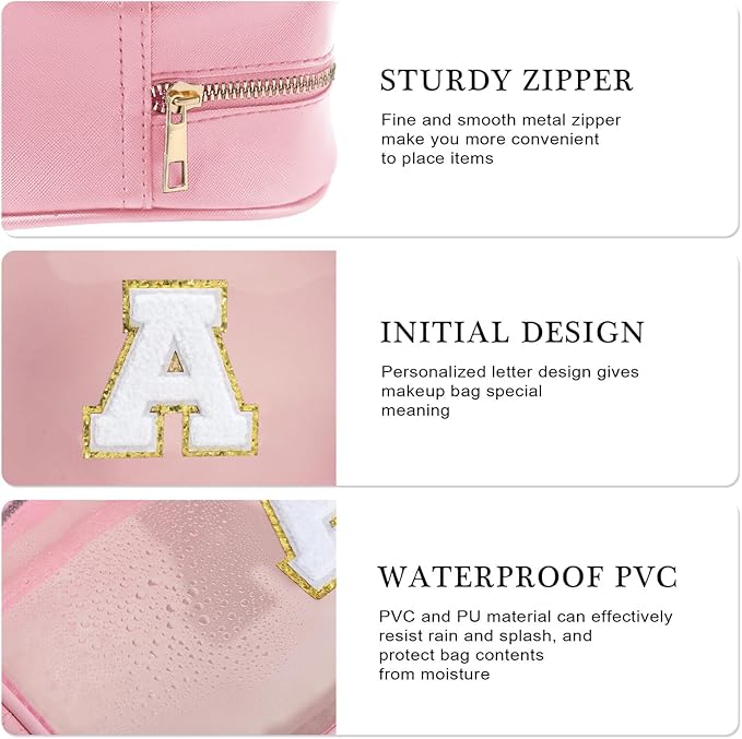 YOOLIFE Initial Make Up Bag Travel Toiletry Bag, Clear Makeup Bag Preppy Cosmetic Bags Organizer Travel Essentials Pink Gifts for Women Teen Girlfriend Teacher Mom Birthday Mothers Day Gifts I