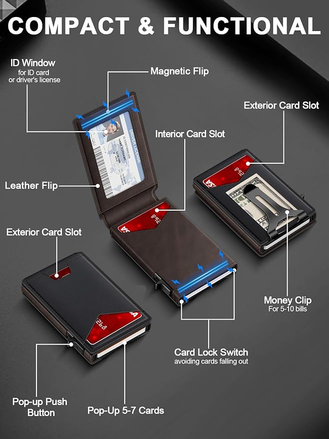 Wallet for Men RFID Wallet with Money Clip, Slim Pop Up Card Holder for 10-12 Cards, Minimalist Smart Credit Card Case with ID Window, Bifold Metal Wallet for Front Pocket, Gifts for Men