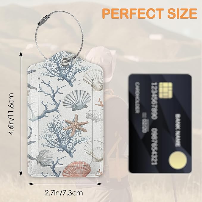 Tropical Seashells Summer 3 Pack Luggage Tags for Suitcases, Vintage Starfish PU Leather Luggage Tag for Travel, Bag Tags with Privacy Name ID Card and Steel Loop for Women Men