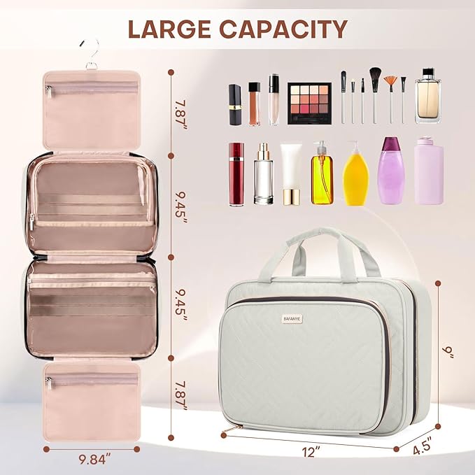 Toiletry Bag for Women with Jewelry Organizer Compartment, Travel Makeup Cosmetic Bag with Hanging Hook for Full-sized Toiletries, Shampoo - Beige