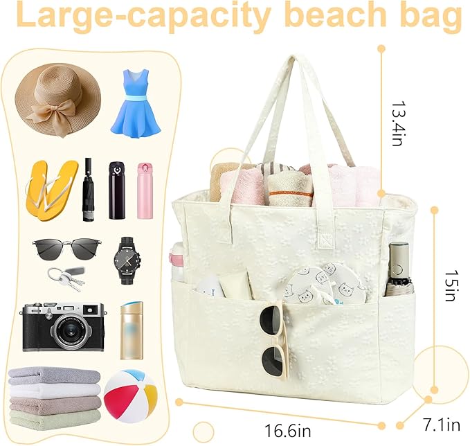 LEDAOU Large Beach Tote Bag Women Waterproof Sandproof Zipper Beach Tote Bag for Pool Gym Grocery Travel with Wet Pocket