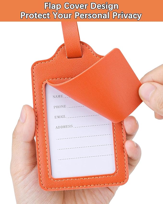Teskyer Luggage Tags for Suitcases, TSA Approved with Privacy Protection Cover, Premium Faux Leather Bag Tags for Travel - 4 Pack, Orange
