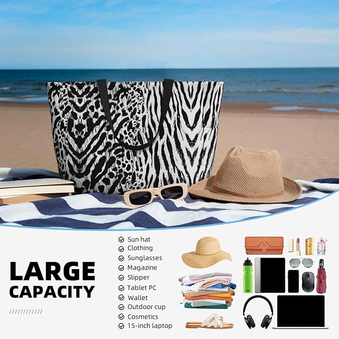 Beach Bag for Women Beach Tote Bag Waterproof Sandproof Large Bags with Zipper Big Capacity for Vacation Travel