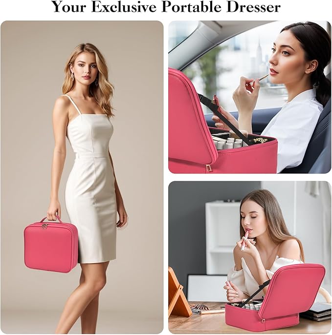 Travel Makeup Bag With LED Mirror,Cosmetic Train Case with 3 Color Setting,Cosmetic Makeup Organizer Bag with Adjustable Dividers,Portable Make up Box with Make up Brushes Holder Storage(Rose)