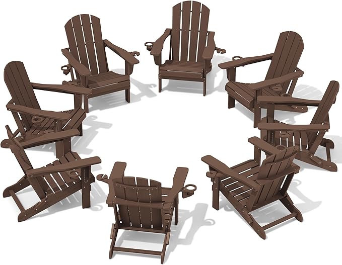 SERWALL Adirondack Chair with Cup Holders - Composite Adirondack Chairs Set of 8 HDPE Outdoor Chairs All Weather Use- Coffee