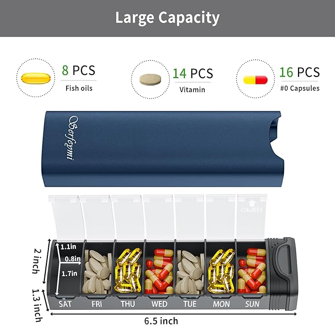 Metal Weekly Pill Organizer, Serfeymi Aluminum Daily Pill Box(Spare Gasket Provided),7 Day Pill Case Travel Medicine Organizer,Pill Containers with Individual Lid for Vitamins,Pills, Supplement-Blue