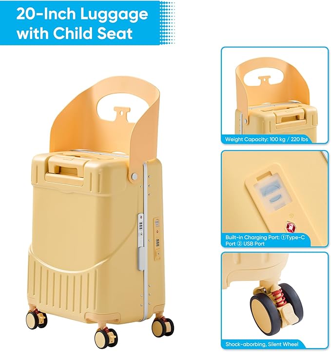 TABU 20" Ride-on Luggage with Seat，Front Opening Carry-On Hardshell Ride On Suitcase with Built-in Charging Port, 360° Lockable Spinner and TSA Lock, for Kids & Adults, Yellow