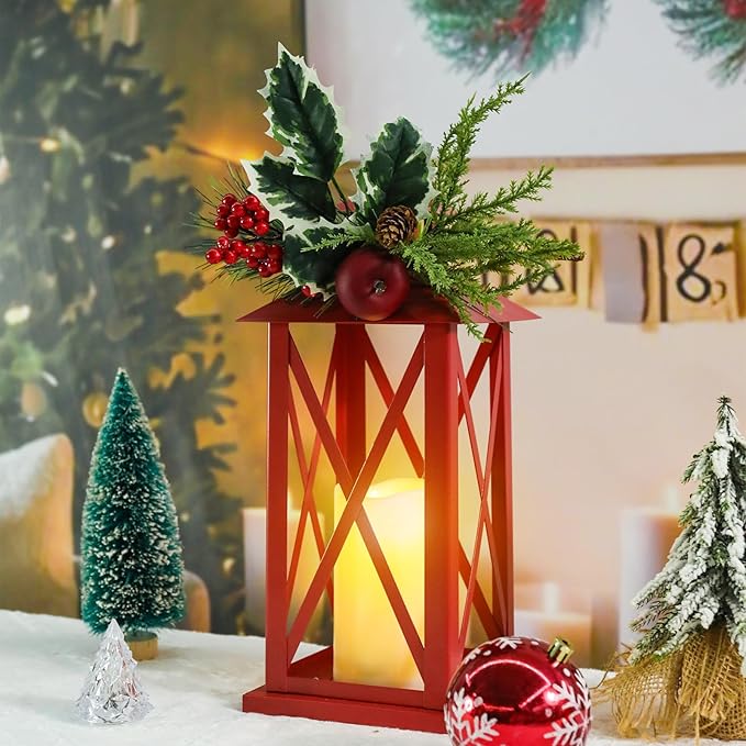 Christmas Decorative Lanterns 2 Pack Outdoor Lantern 13.5" Waterproof Battery Powered LED Hanging Lanterns with Flamessless Candle for Front Porch, Entrance, Indoor, 2 Pack