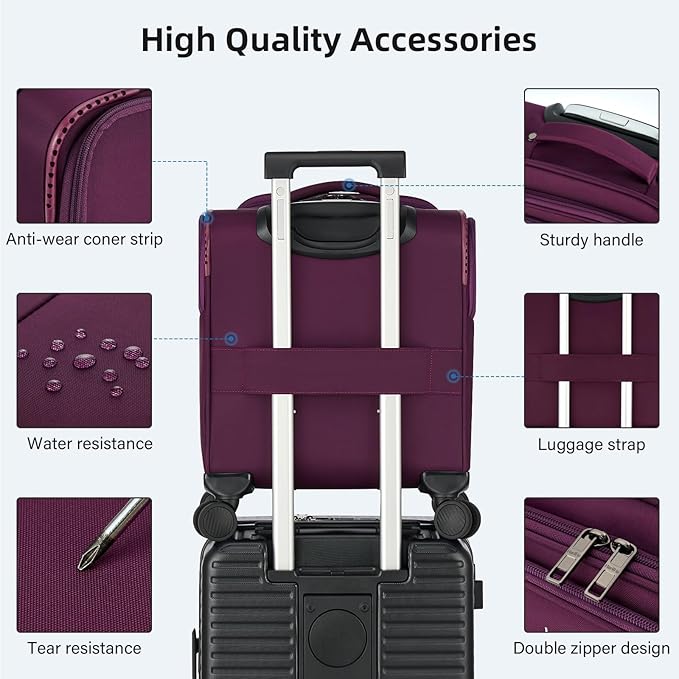 16 Inch Underseat Carry On Luggage with Wheels Softside Small Suitcases Personal Item Bag with Pocket Travel Luggage for Men Women Business Overnight Bag(Purple)