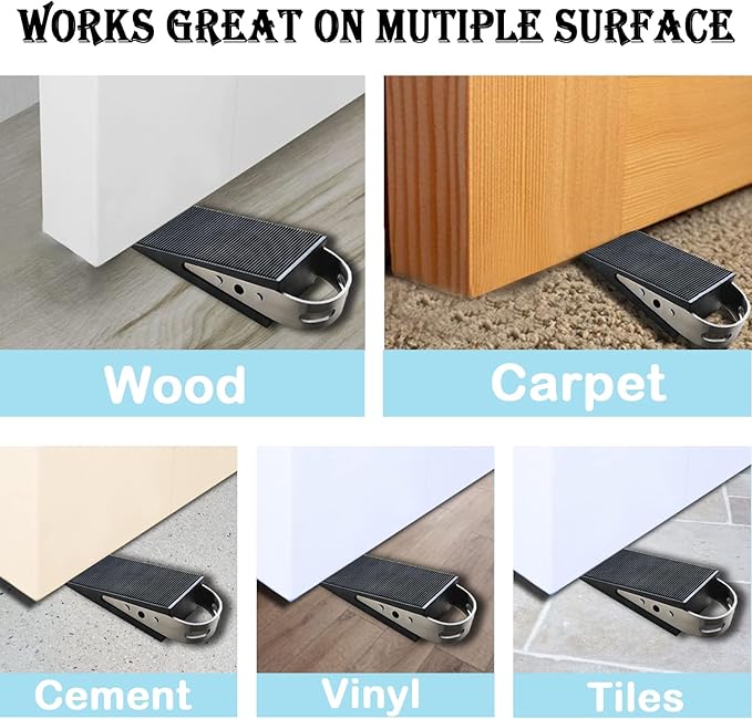 Shackcom Rubber Door Stopper Wedge, 6 Pack Black Heavy Duty Door Stop Suitable for All Floor Types, with Stainless Steel Hangers for Easy Storage, Prevents Unwanted Slams and Bumps