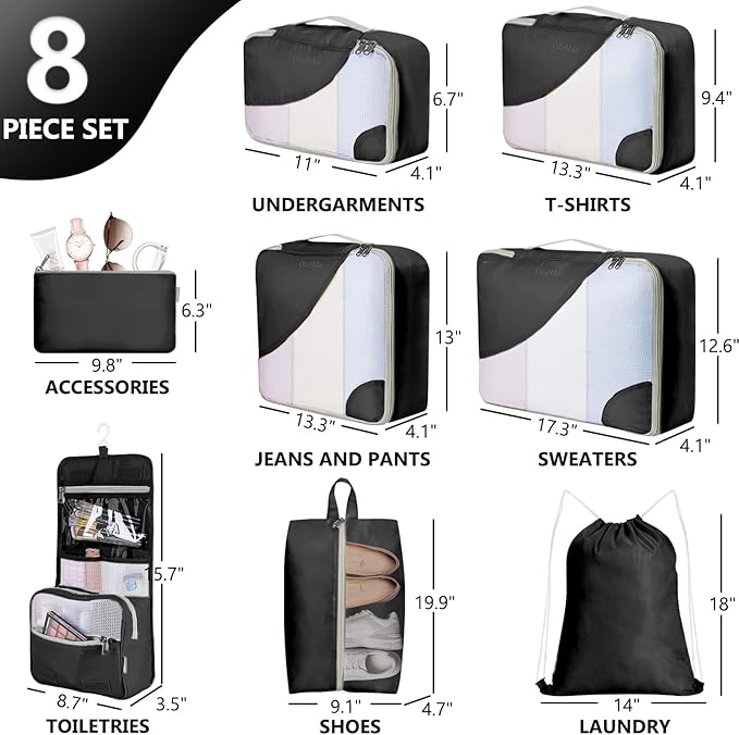 8 Set Packing Cubes for Travel, Gifts for Men,Anti-Tearing Suitcase Organizer for Luggage with Shoe & Hanging Toiletry Bag, OlarHike Vacation Accessories for Cruise, Travel Essentials for Men, Black