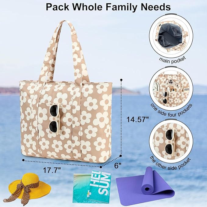 LEDAOU Beach Bags for Women, Beach Bags Waterproof Sandproof, Packable Beach Tote Bag with Zipper Travel Sports