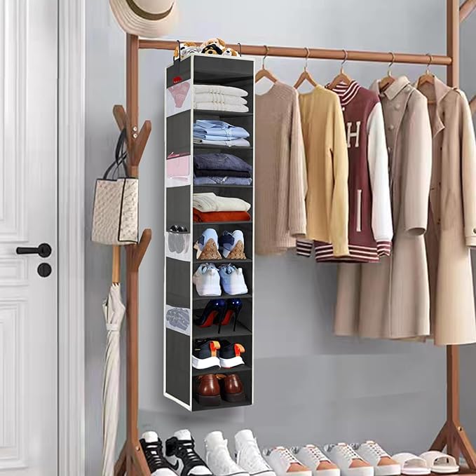 Large-Sized Hanging Shoe Organizer 10-Shelf, Sturdy Hanging Closet Organizer with 8 Side Pockets, Wider Hanging Shelves for Storage Shoes Clothes Jeans Shirts Toys, Black