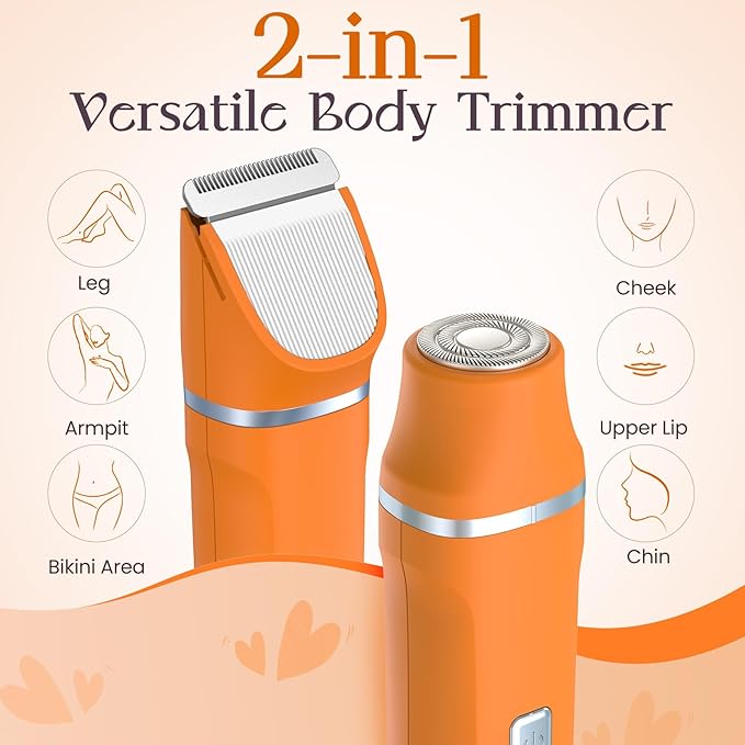 Facial Hair Removal for Women - Waterproof 2 in1 Rechargeable Eyebrow Facial Trimmer and Bikini Trimmer for Women, Painless Face Electric Razor/Shaver for Lip, Arms, Face, Peach Fuzz