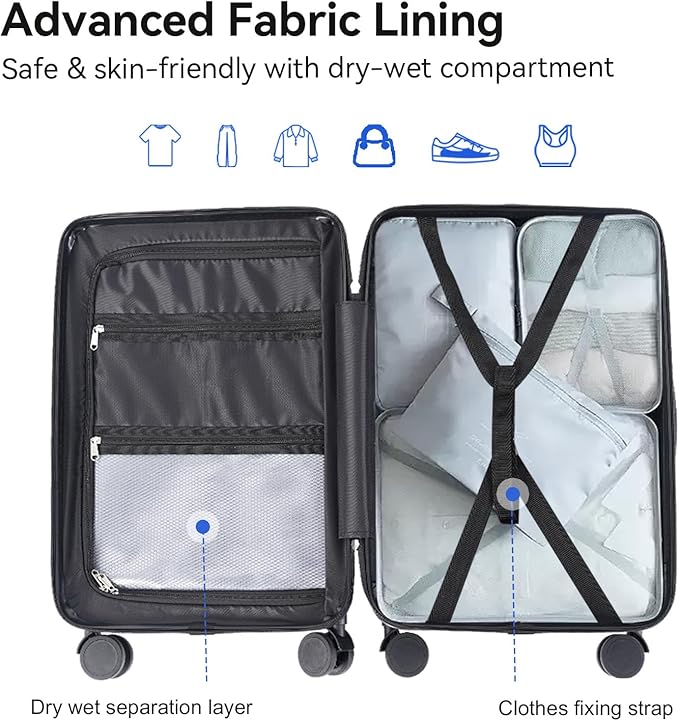 SOKOK Front Pocket Luggage Carry On with Spinner Wheels, Wide Handle Travel Suitcase PC Hardshell Durable Rolling Luggage for Business Trip with Charging Port and Cup Holder, Graphite