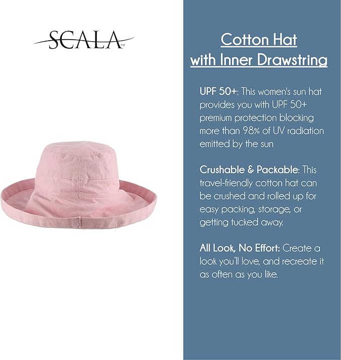 Scala Women's Cotton Hat with Inner Drawstring and Upf 50+ Rating