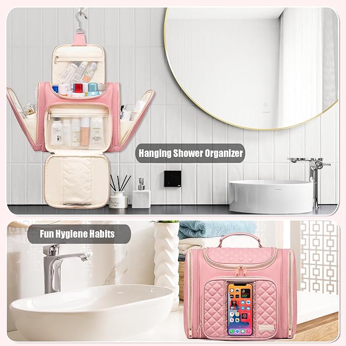 Travel Toiletry Bag for Women, Hanging Toiletry Bag, Bathroom Bag Portable Shower Caddy for College Dorm Travel Shower Bag for Women Water-Resistant Cosmetic Makeup Bag (Pink)