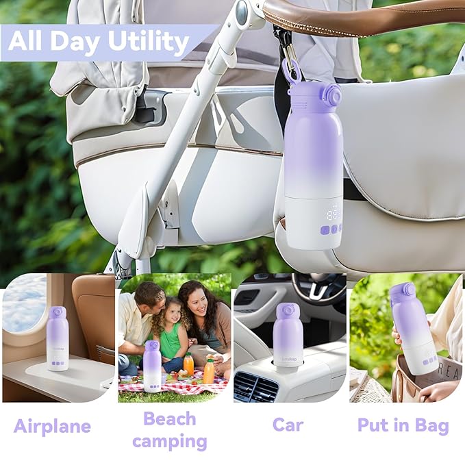 Portable Bottle Warmer for Travel, Large 12oz Capacity with Dual Heating Modes for Breast Milk & Water, Smart Temperature Control, Baby Bottle Warmer for Travel, Gifts for New Mom, Purple