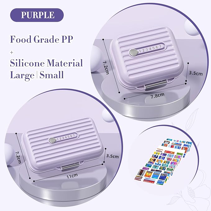 Travel Pill Organizer Box with Medicine Labels, 2Pack 7 Compartments Portable Pill Case, Daily Medication Organizer Storage Pill Container for Pocket Pharmacy(Purple, S+L 2pack)