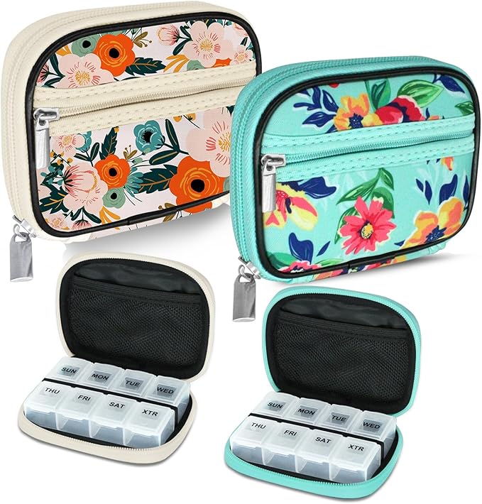 Serfeymi Weekly Travel Pill Organizer Pill Case for Purse with Removable 7 Day Pill Box, Fashionable Travel Medicine Organizer Pill Container for Medicine, Vitamin, Supplement - Bloom 01 + Green 01