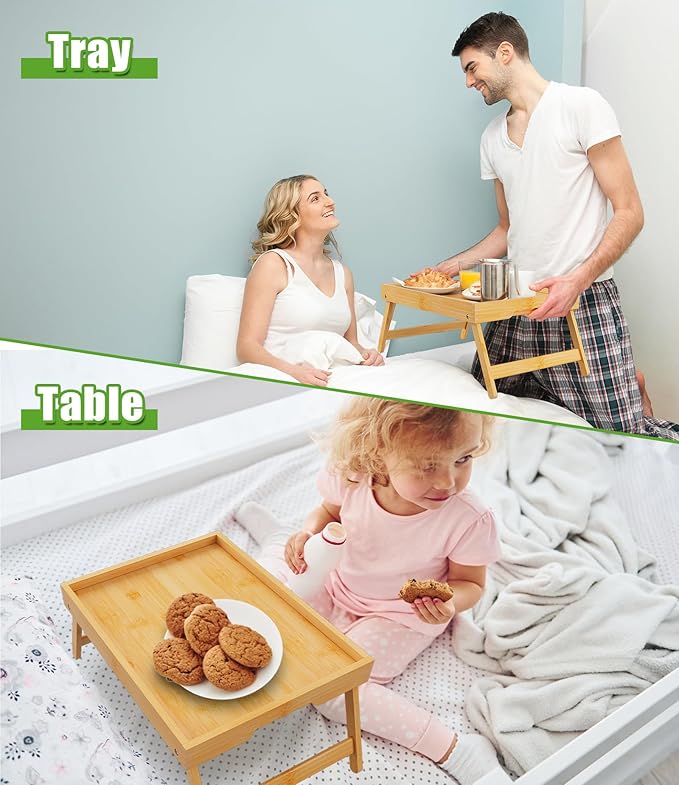 Bed Tray Table with Folding Legs,Bamboo Breakfast in Bed for Kitchen Serving Tray,Sofa,Eating,Used As Laptop Desk Snack Tray (Bamboo, Medium)