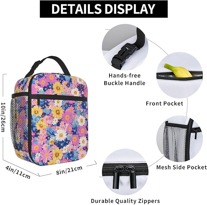Floral Insulated Lunch Box for Women Men Floral Lunch Bag for Travel,or Fishing Polyester