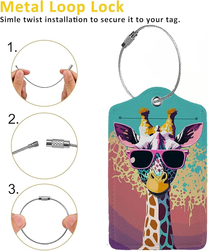 Giraffe in Sunglasses 2 Pack Luggage Tag for Suitcase, Leather Bag Tags Identifiers Privacy Cover ID Label with Steel Loop for Women Men Kids Girls Travel