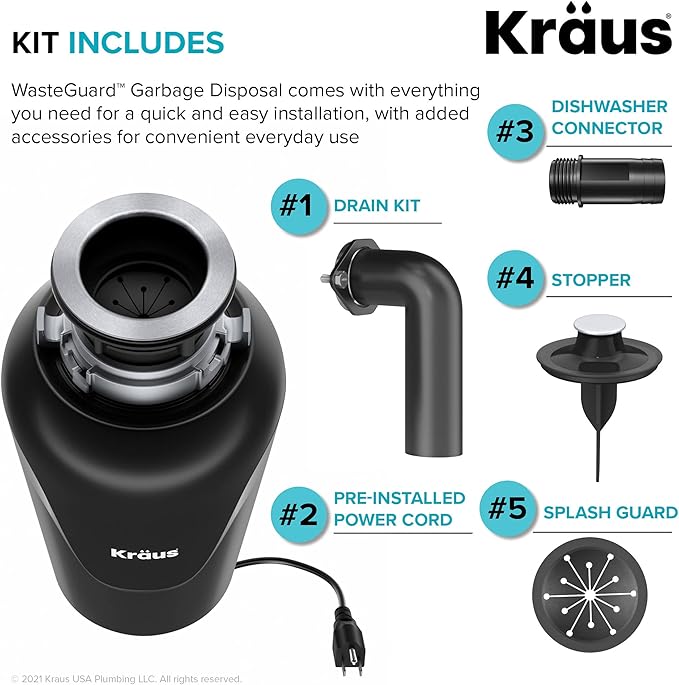 KRAUS Forteza™ 33” Dual Mount 60/40 Double Bowl Granite Kitchen Sink in Black with WasteGuard™ Continuous Feed Garbage Disposal, KGD-50BL-100-75MB