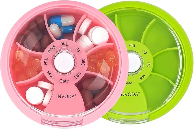 INVODA Weekly Pill Organizer 7 Compartment Rotating Pill Box for Daily Medication & Vitamins - Portable Travel Pill Case Fish Oil Supplements Vitamins Organizer (Pink+Green)