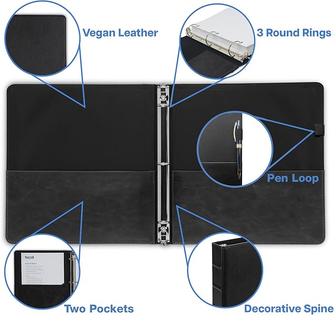 Samsill Vintage Leather Mini 3 Ring Binder 0.5 Inch Round Ring (Holds 100 Sheets), 5.5 x 8.5 Inch Documents, Professional Organizer, Planner, Notebook, Black