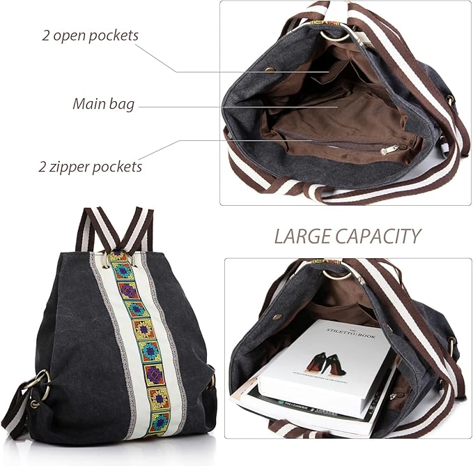 Goodhan Women Canvas Backpack Daypack Casual Shoulder Bag, Vintage Heavy-duty Anti-theft Travel Backpack Grey Black 2