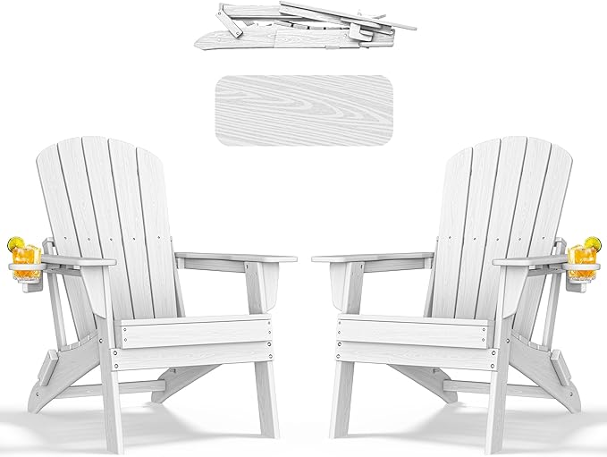 Folding Adirondack Chair - Extended Ergonomic Backrest, Cup Holder - Easy Assembly - Durable HDPE Plastic, Weather Resistant & Maintenance-Free - Lawn, Patio, Deck Supports 380lbs White