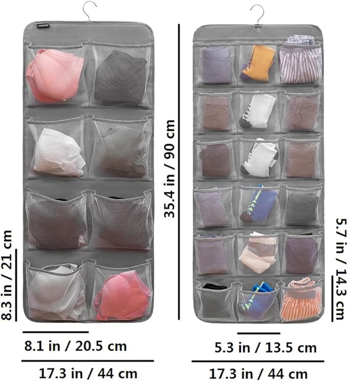 Dual-Sided Hanging Closet Organizer for Socks Underwear Bra Kids Storage Organizer for Baby Clothes Toddler Shoes with 26 Pockets (Grey-Mesh Pockets)