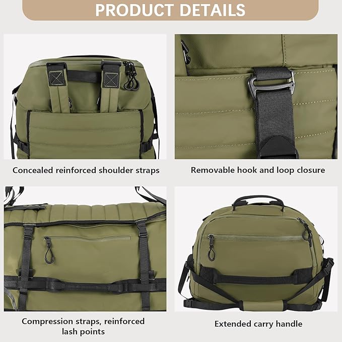 CONTAIL 86L Foldable Wheeled Duffel Backpack with Padded Quilted Bottom, Waterproof Collapsible Travel Duffle Bag with Extended Web Handles,No Telescope Handle,Army Green