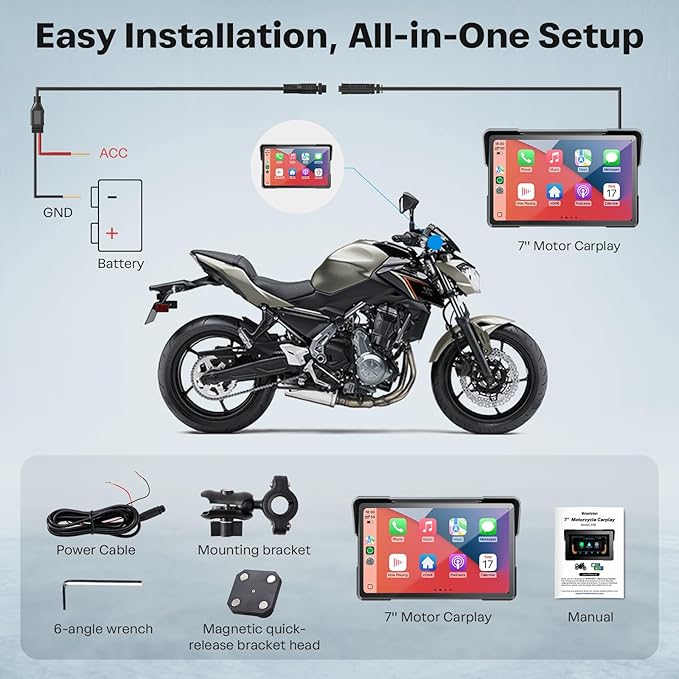 WonVon 7 Inch Wireless Motorcycle Carplay GPS Navigation System with Apple Carplay and Android Auto Portable Screen with Dual Bluetooth, Navigation, Siri, Google Assistant