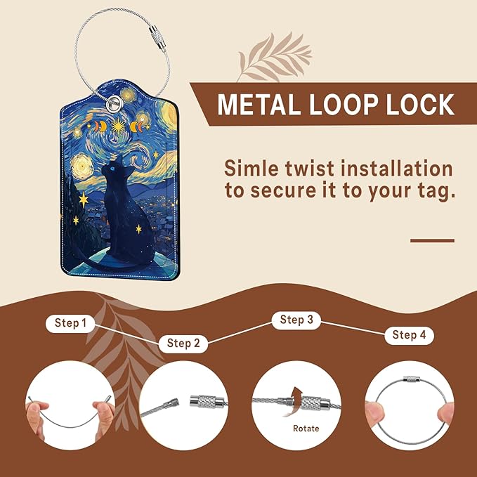 2 Pcs Colorful Luggage Tags for Suitcase, Cat Leather Luggage Tags Cute, Privacy Cover ID Label with Stainless Steel Loop & Address Card, Funny Cat Travel Bag Tag Luggage Accessories for Suitcases