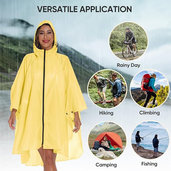 PTEROMY Hooded Rain Poncho for Adult with Pocket and Zipper, Waterproof Lightweight Raincoat for Men and Women