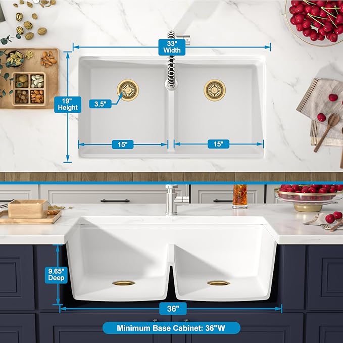 33 Inch Classic White Undermount Granite Composite Kitchen Sink Under Counter Quartz Single Bowl Sink Workstation Sinks with Accessories Quick Drain Noise Reduction Home Renovation Gold Accessories