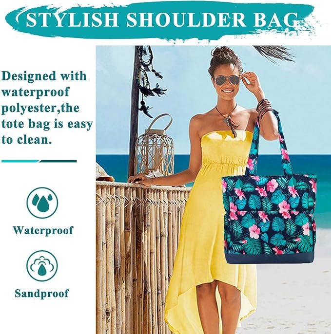 VASCHY Beach Bag for Women, Large Waterproof Sandproof Fold-able Packable Pool Tote Bag w Zipper/Pockets