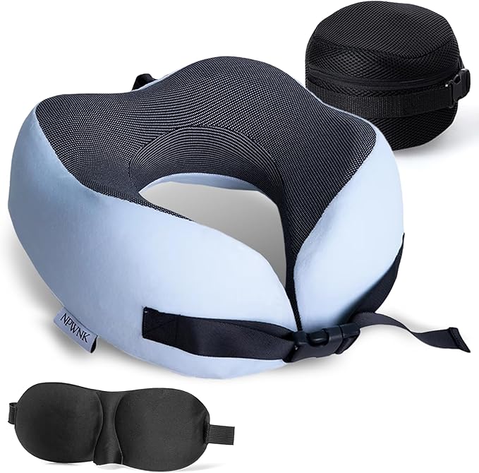 Pure Memory Foam Travel Pillows for Airplanes – Ergonomic Design with Adjustable Fit, Machine Washable, 3D Eye Mask & Compact Plane Pillow for Traveling – Grey & Blue