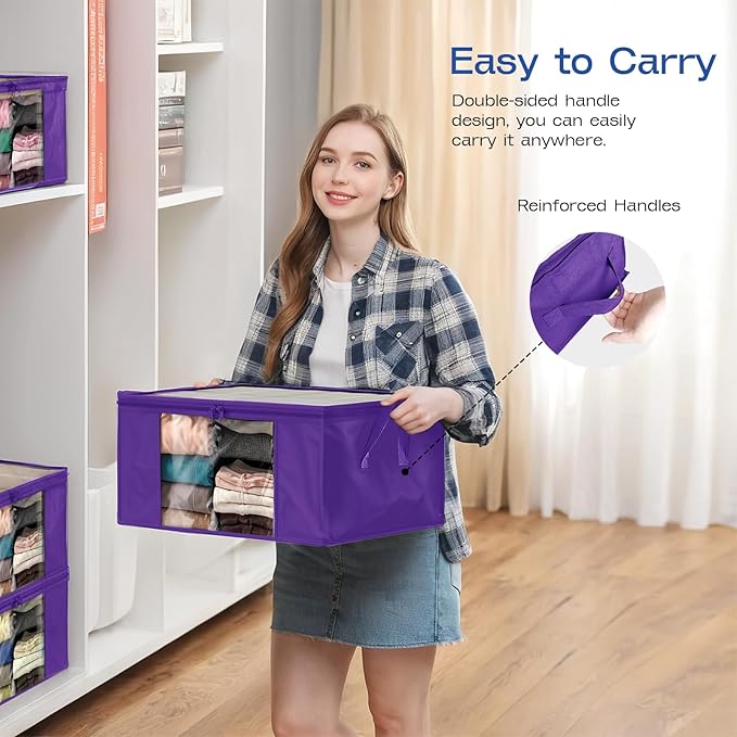 Clothes Storage Bags, Foldable Thick Fabric Blanket Storage Bags, Large Clear Window & Carry Handles, Great for Clothes, Blankets, Closets, Pillows, Toys (Purple, 6PACK)