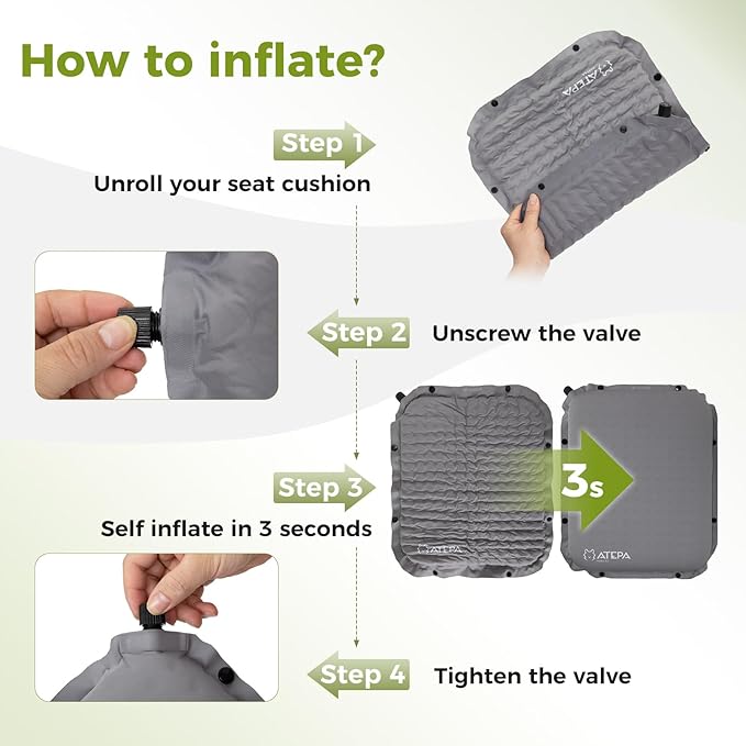 ATEPA Inflatable Stadium Seat Cushion, Self-Inflating Memory Foam Stadium Seats Bleacher Seat Chair Cushion Pad for Airplane Travel Backpacking Sports Events