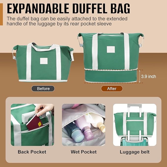 Romswi 5-Piece Luggage Set with Cup Holder TSA Lock, 20" 24" 28" Hardside Spinner Suitcase with Duffel Bag, Lightweight Durable PC+ABS Sage Green Travel Luggage