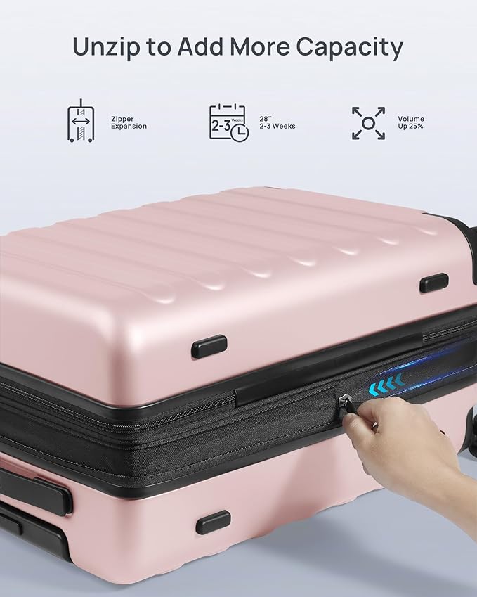 Carry on Luggage 22 X 14 X 9 Airline Approved, 20 Inch Luggage for 3-5 Days Travel, Double Spinner Wheels, 100% Hardshell PC, TSA Lock (00-Pink (Expandable), Set 3PCS (20-Inch/24-Inch/28-Inch))