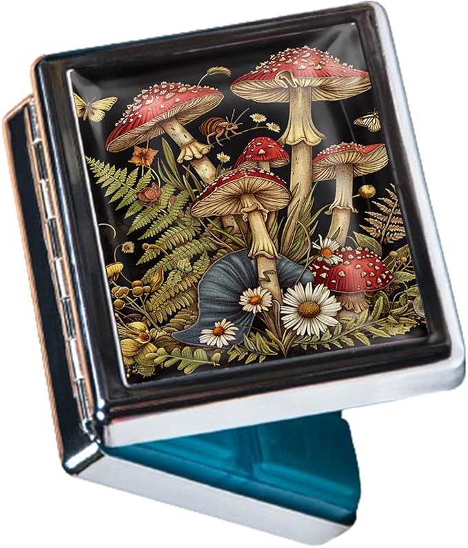8‑Compartment Metal Pill Box Organizer – Portable Medicine Case 3″×2.6″ | Food‑Grade Dividers | Secure Snap Button Lid | Travel & Gift for Seniors (Enchanted Mushroom Grove)