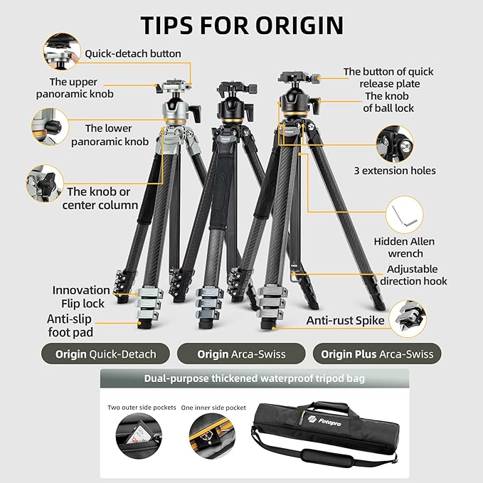 Fotopro Compact Carbon Fiber Travel Tripod, 60 inches Professional Heavy Duty Tripod with Profile Legs Super-Large Ball Head Weatherproof Bag, Fotopro Origin Plus Golden Max Load 44lbs