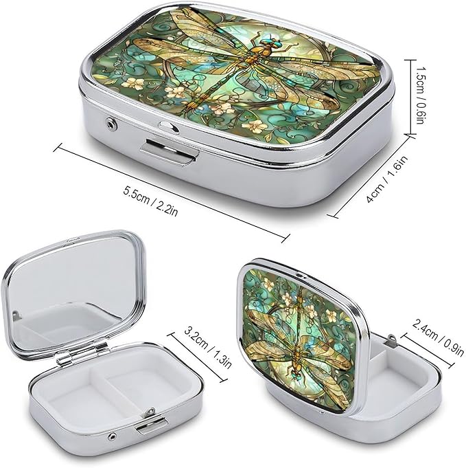 Metal 2 Compartment Pill Organizer Travel Friendly Portable Compact Pill Box Cute Pill Case to Hold Vitamins,Fish Oil,Supplements,Meds,Tablet for Purse,Pocket. (Dragonfly)