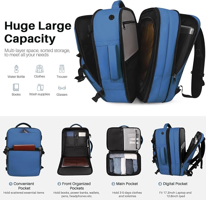 Travel Backpack Carry On Flight Approved, Lightweight Large Travel Backpack, Expandable with USB Charging Hole, Waterproof Causal Bookbag for Travel Work College Fits 17 inch Laptop, Blue