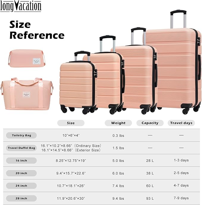 LONG VACATION 6 Piece ABS+PC Hardshell Luggage Set with Spinner Wheels, Lightweight suitcase set with TSA Lock & YKK Zipper